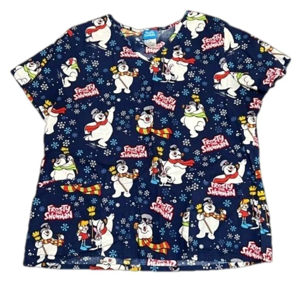 Warner Bros Frosty The Snowman Scrub Top Blue Snowman Snowflake Women Size L